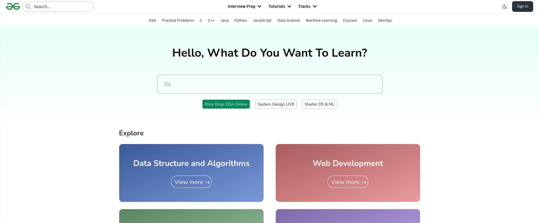 GeeksForGeeks Homepage