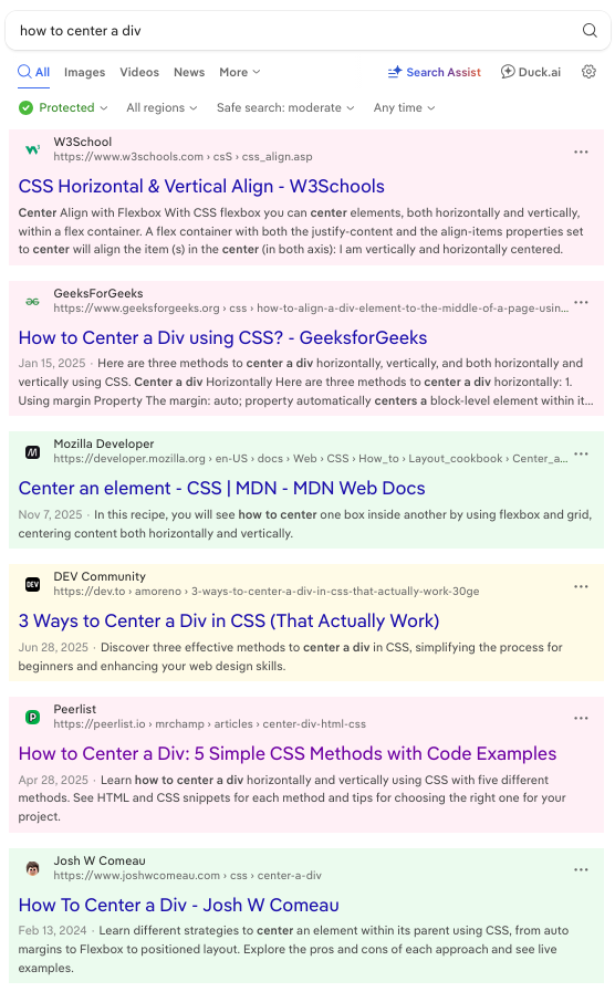 DuckDuckGo search results for "how to center a div"